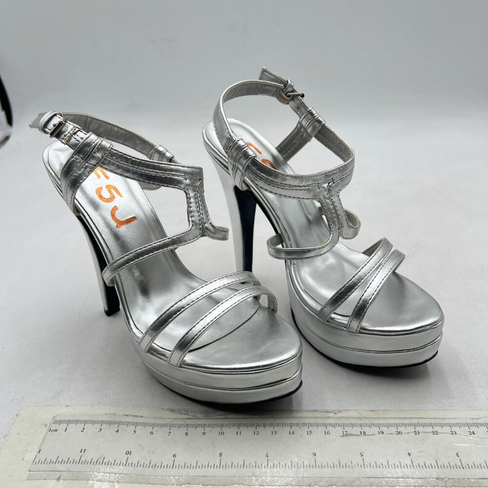 FSJ Silver Women's High Heels Platform Braid Ankle Strap Lady Heeled Sandals - Picture 3 of 7